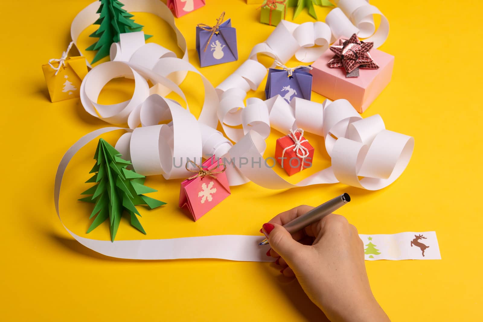 Long twisted expanded empty letter. Copy space. yellow background. View from above