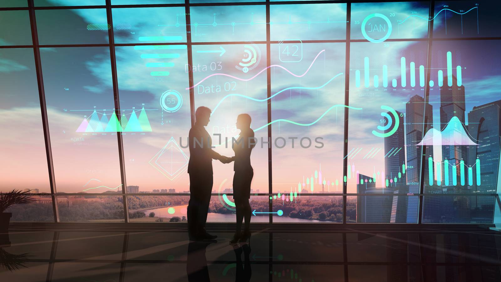 Silhouettes of man and woman shake hands while standing in their office opposite the infographic.