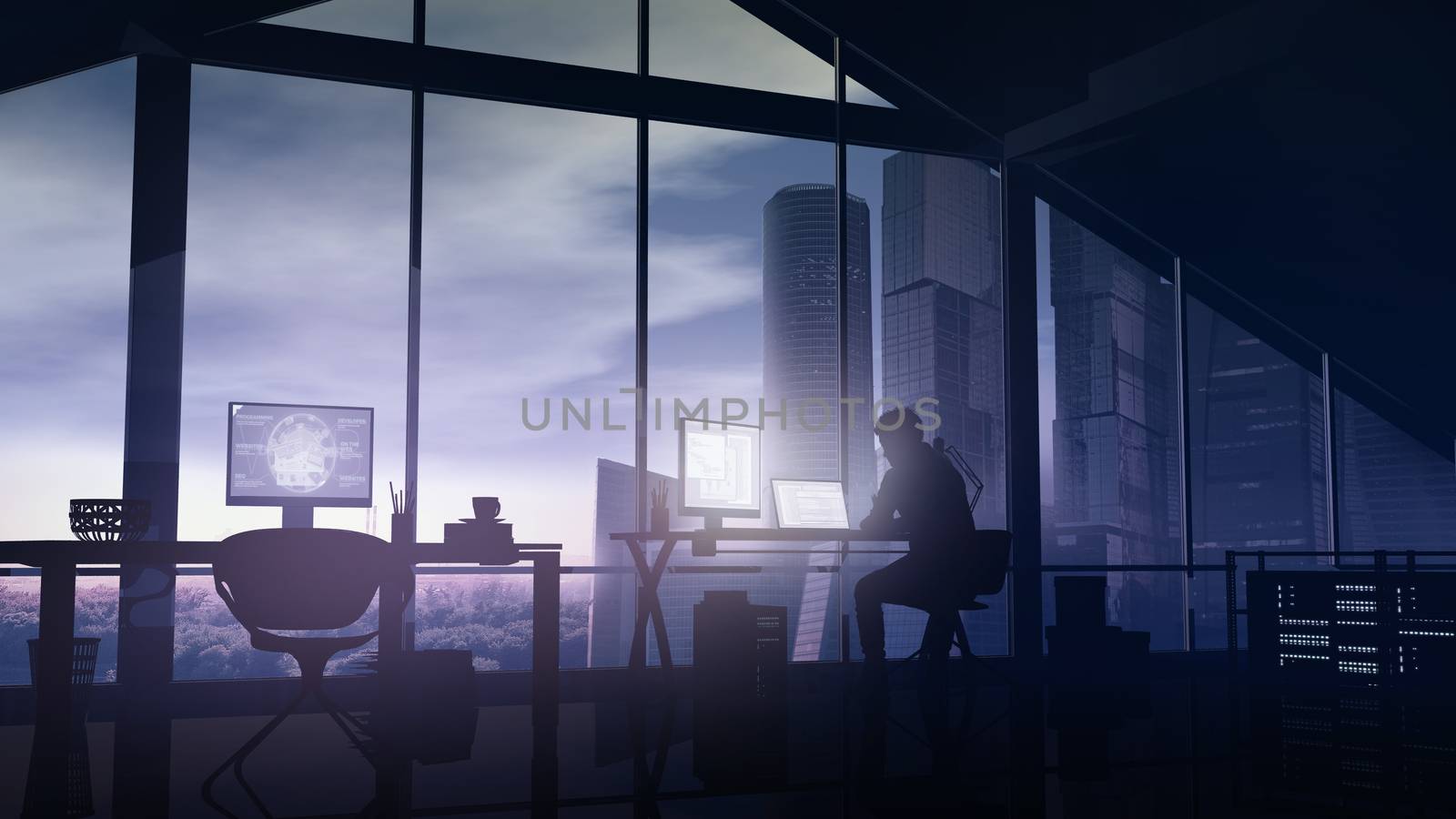 Silhouette of a web programmer sitting in his office with panoramic windows on skyscrapers.