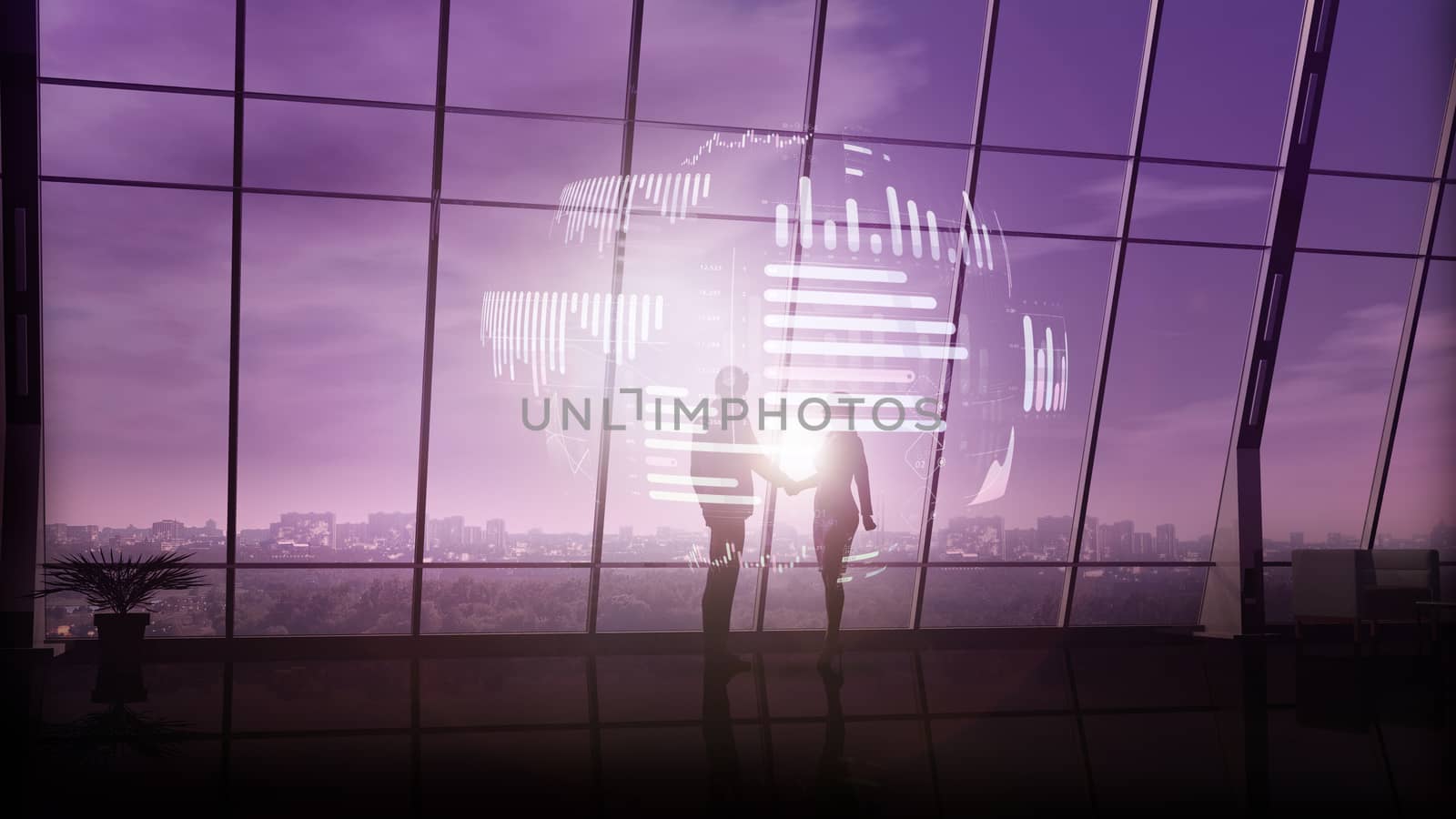 Silhouettes of a businessman and a business woman surrounded by infographics on the background of panoramic windows of a modern office.