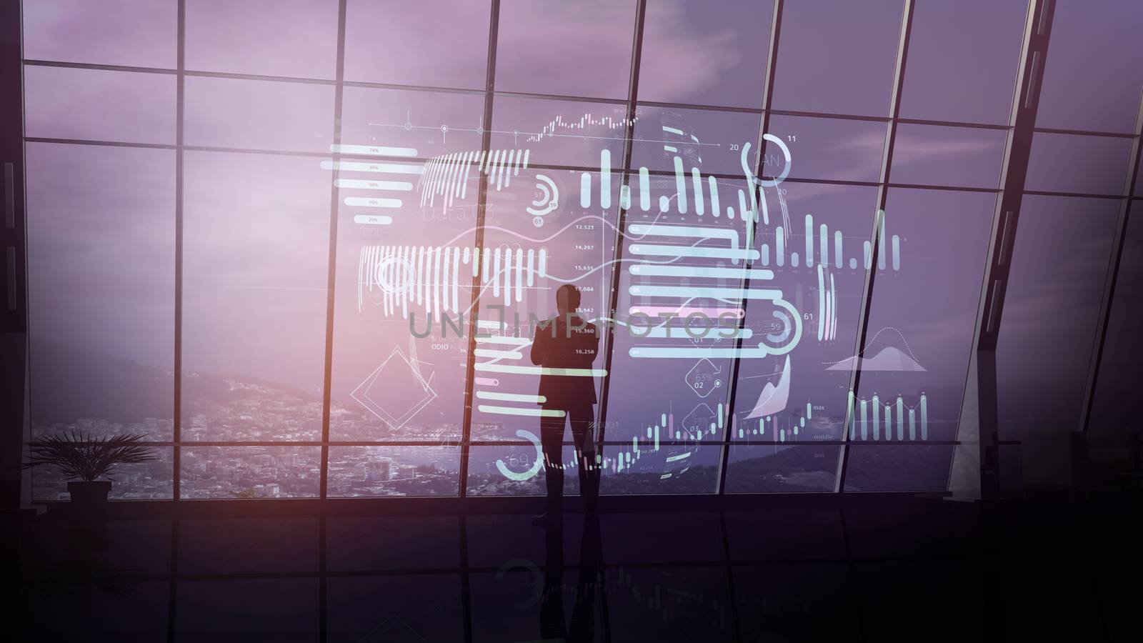 Silhouette of a businessman standing in a spacious office and surrounded by virtual infographics.