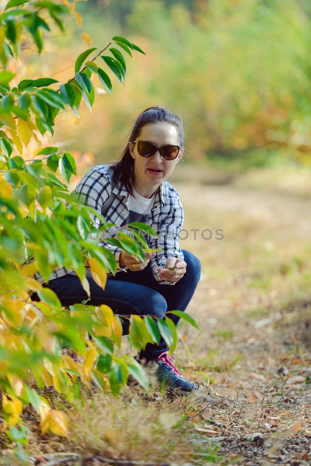 Autumn attractive woman portrait smiling outdoors at the park. A by Brejeq
