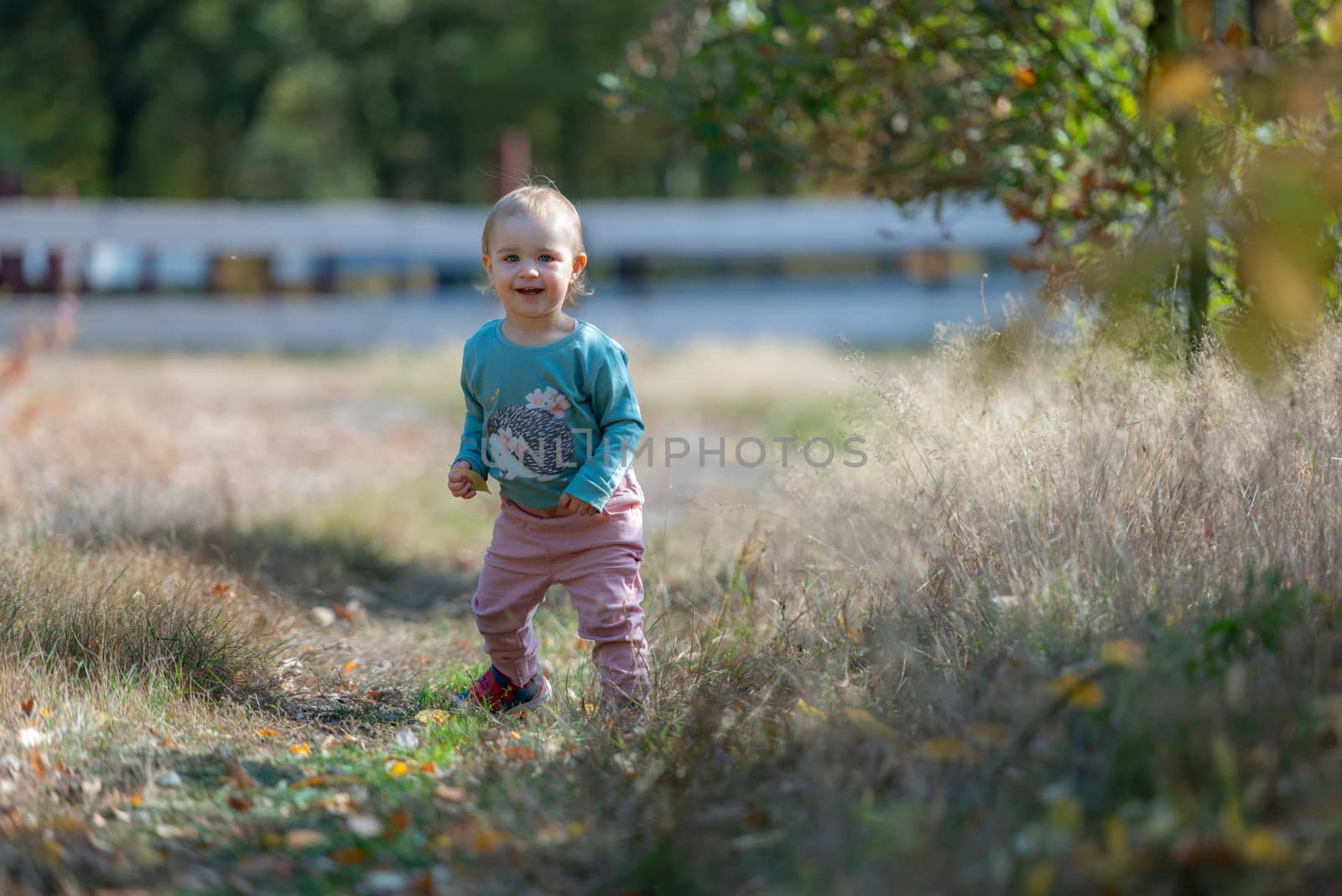 Adorable girl having fun on beautiful autumn day.