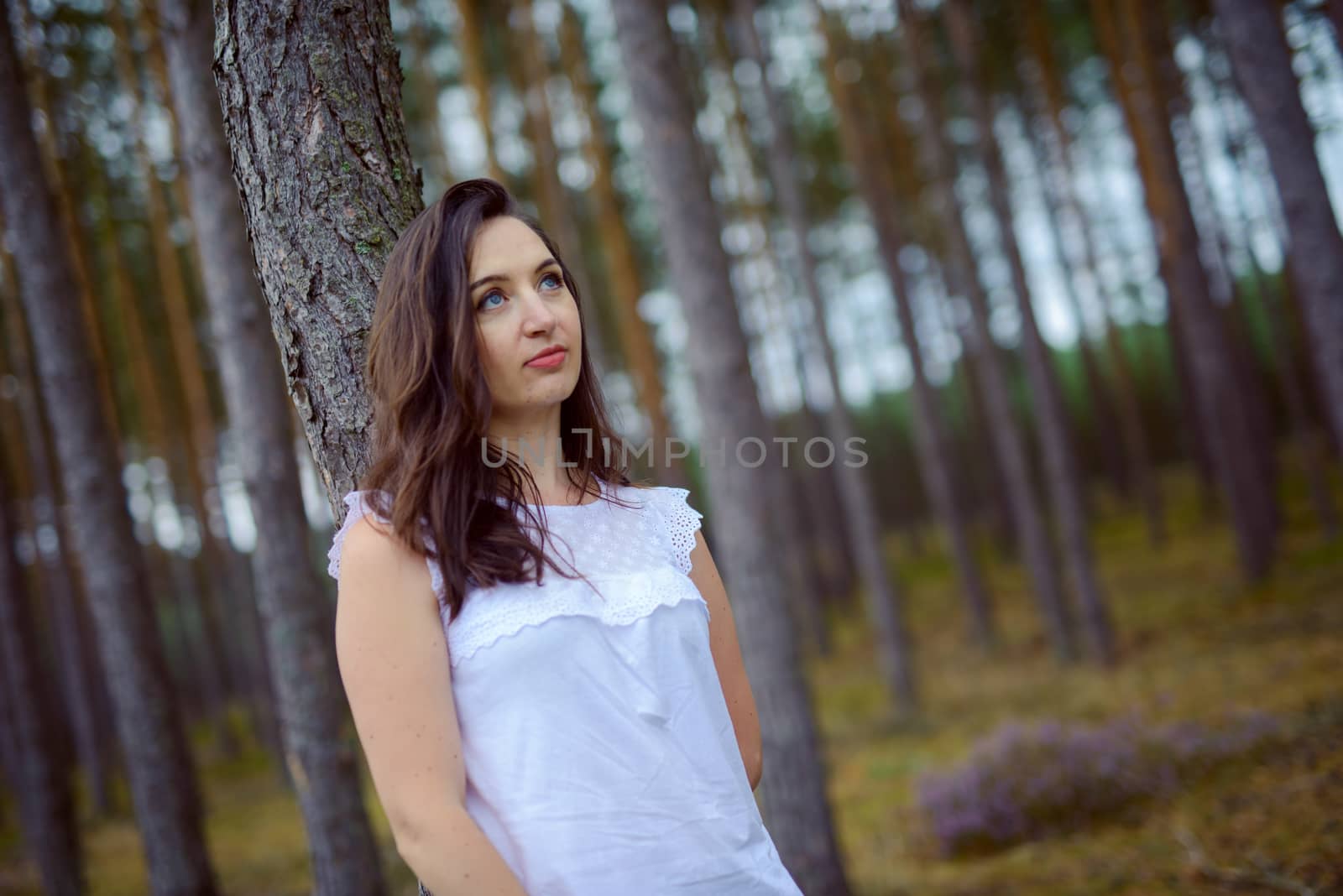 a photo of woman in the forest where the purple heather blooms. copy space