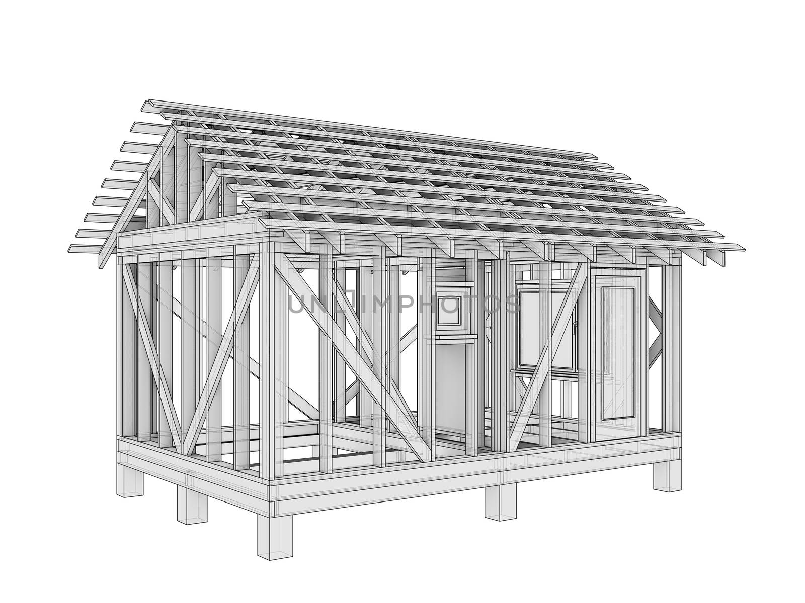 3D illustration of a small frame house. Isolated on a white background