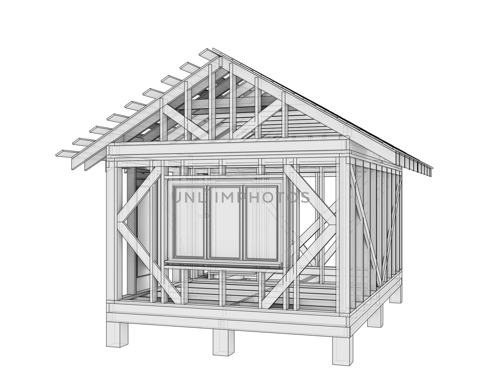 3D illustration of a small frame house. Isolated on a white background