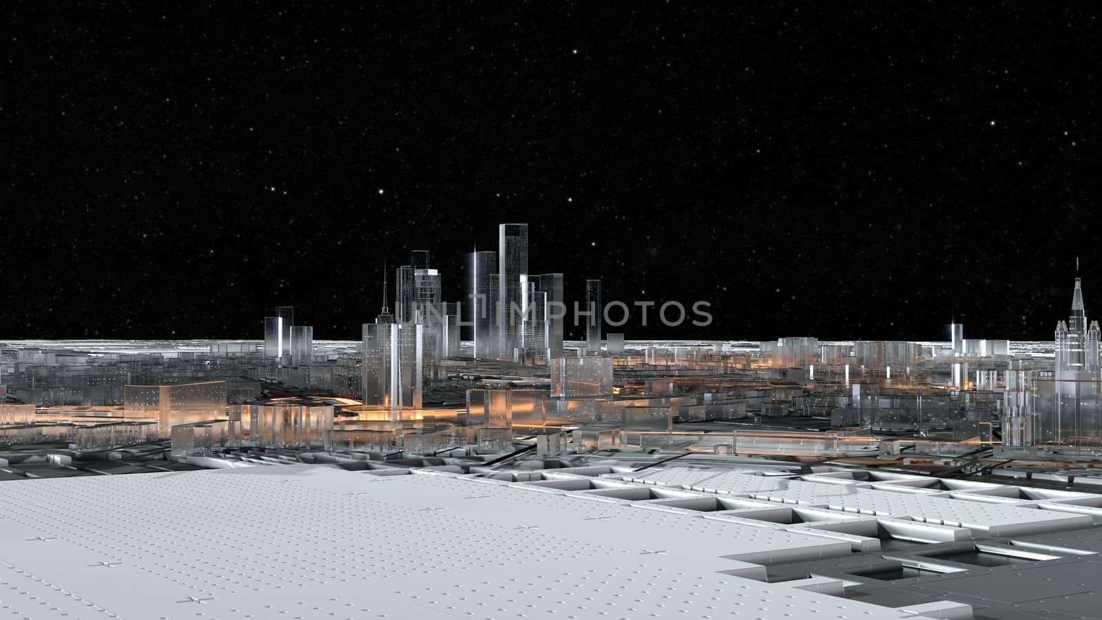 Abstract 3D city of glass with luminous roads on the surface imitating a spaceship. 3D illustration. The concept of a future city. Element of this image furnished by NASA