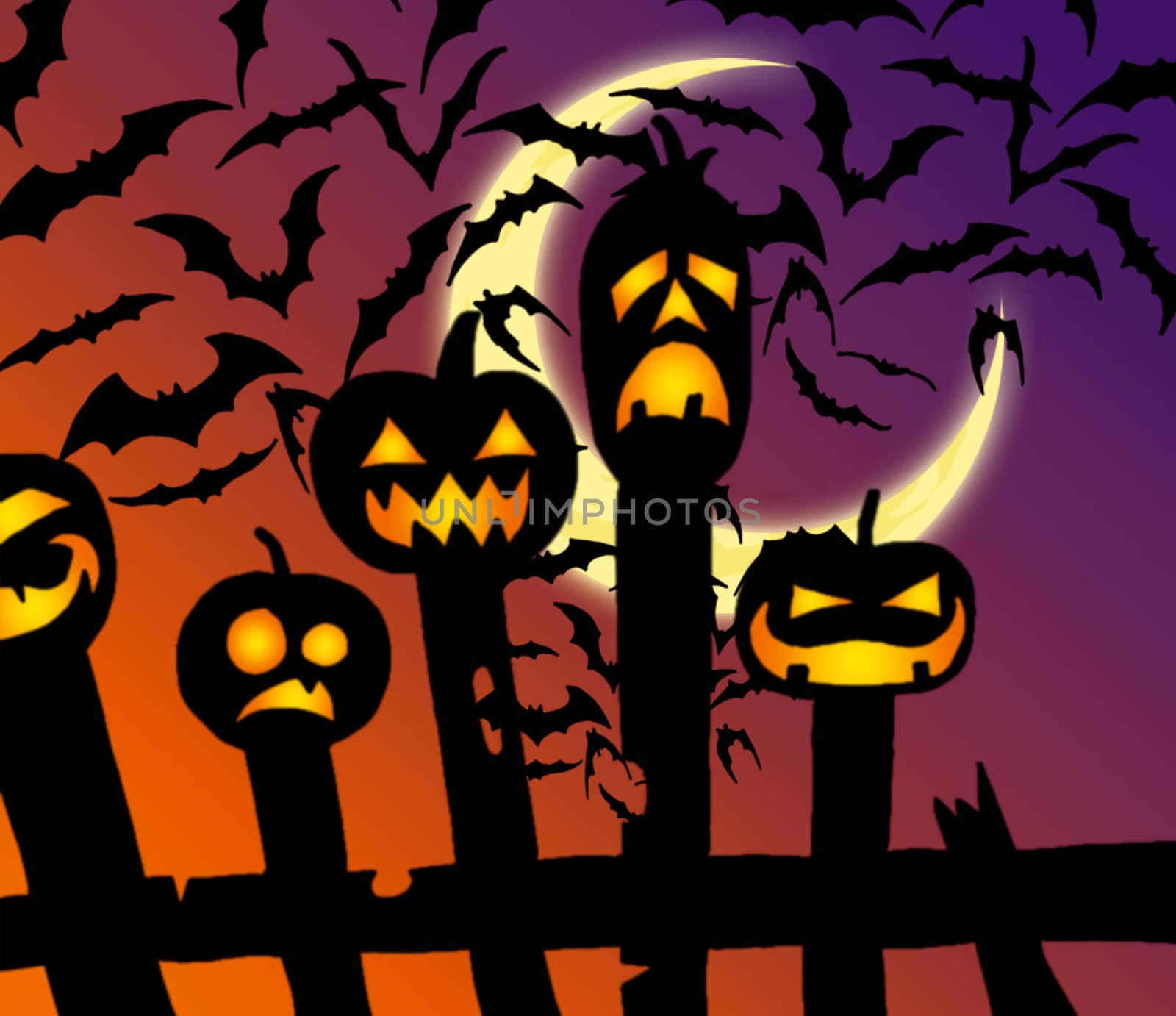 Jack-o-lanterns on fence posts with scary bats in background with moon