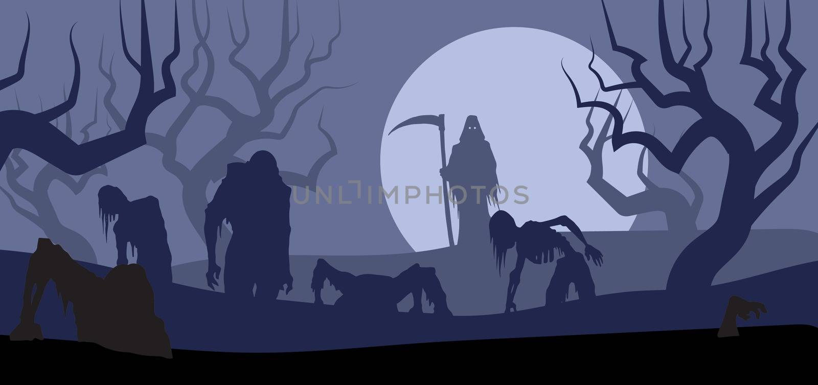 Grim reaper rises zombies for halloween