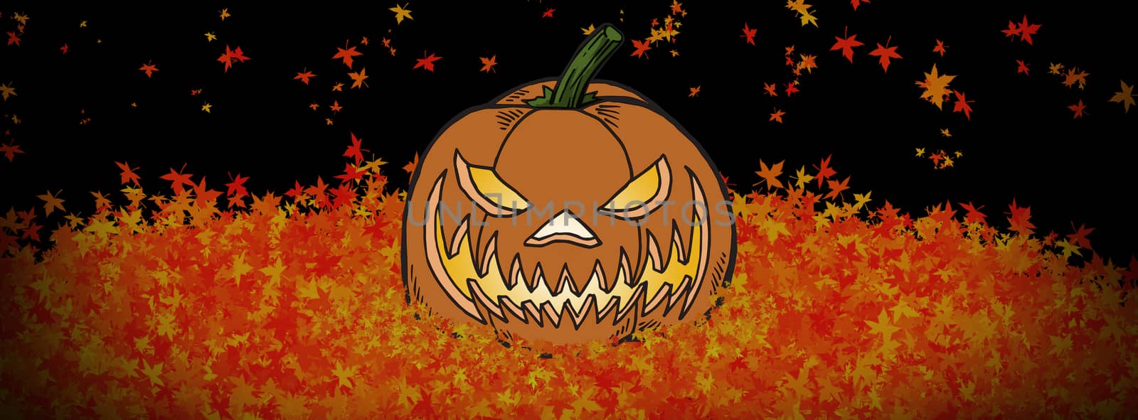 Jack-o-lantern hollowed-out pumpkin in type Halloween leaf background