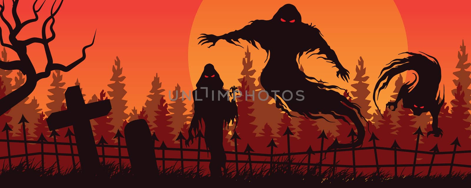 Halloween red orange landscape with ghostly figure and cemetery