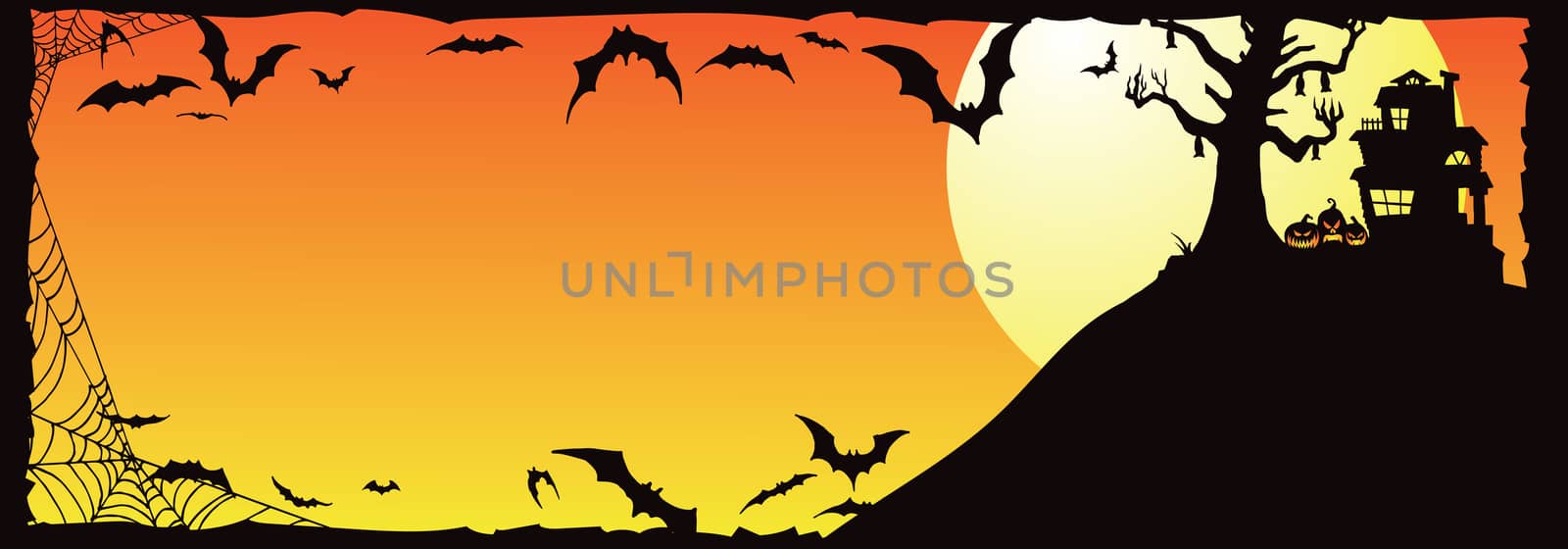 Halloween haunted house on a hill with bats flying around at orange yellow sunset