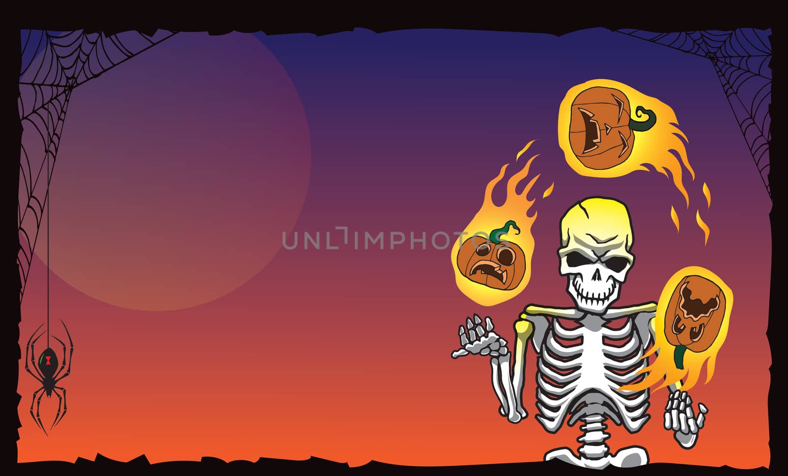 Halloween skeleton juggling pumpkins wide orange by illstudio