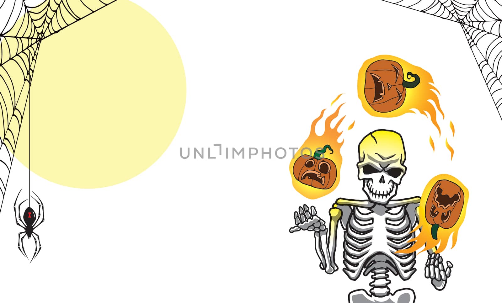 A halloween skeleton juggling flaming pumpkins wide orientation  by illstudio