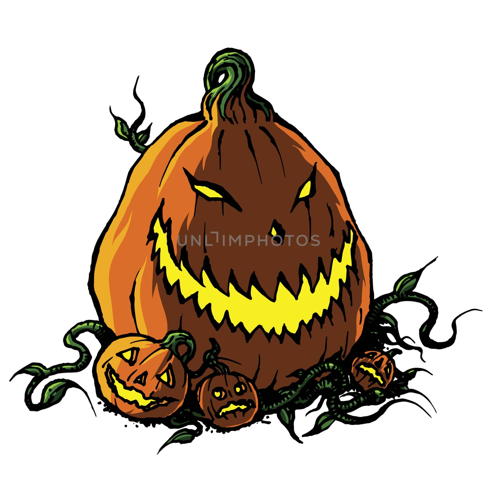 Scary Halloween Jack-o-Lantern with Baby Pumpkins by illstudio