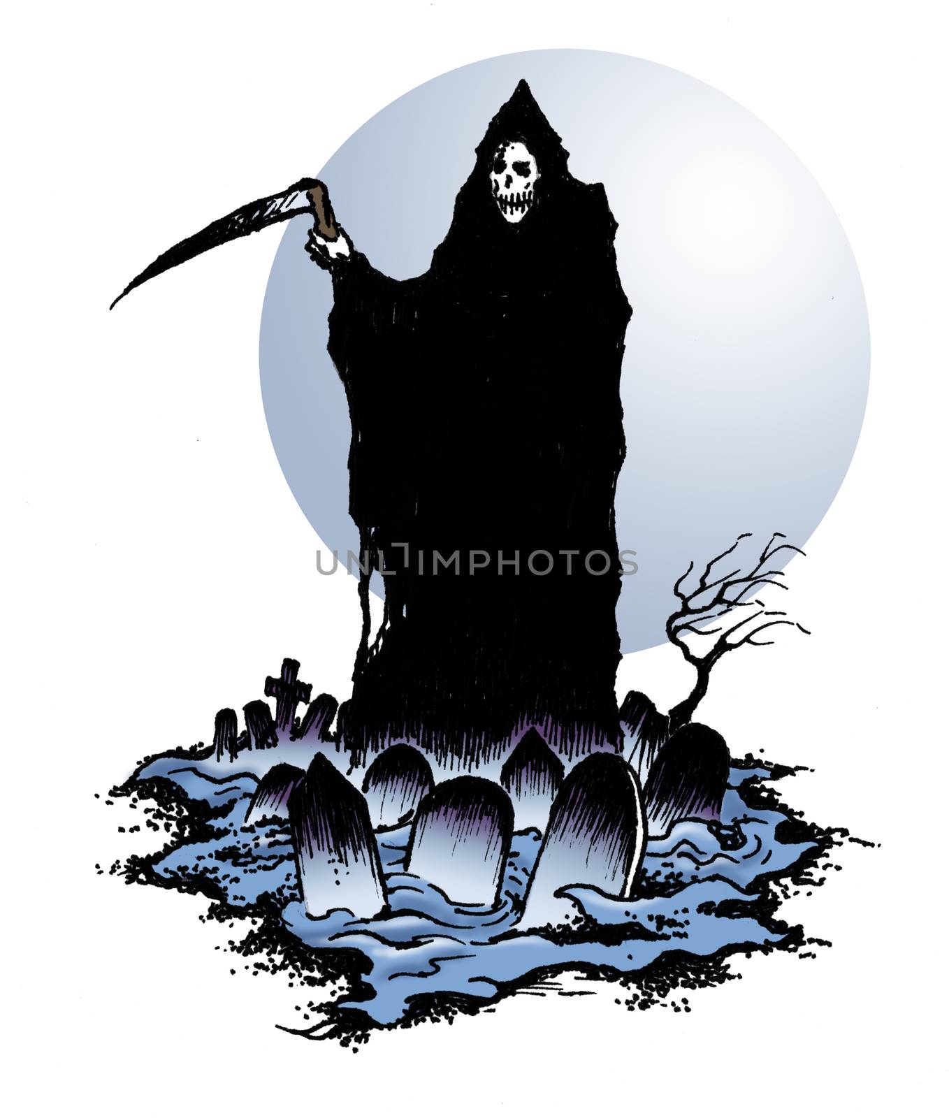 Grim Reaper of Death in Halloween Graveyard with scythe