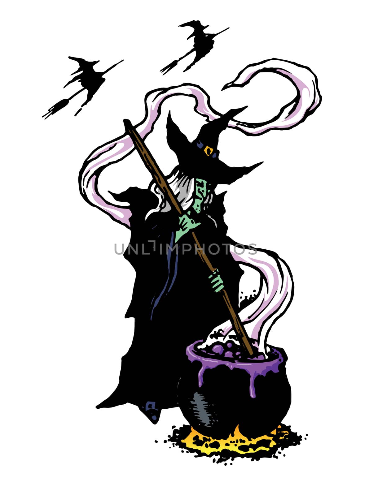 Witch with boiling cauldron of stew with flying witches on background
