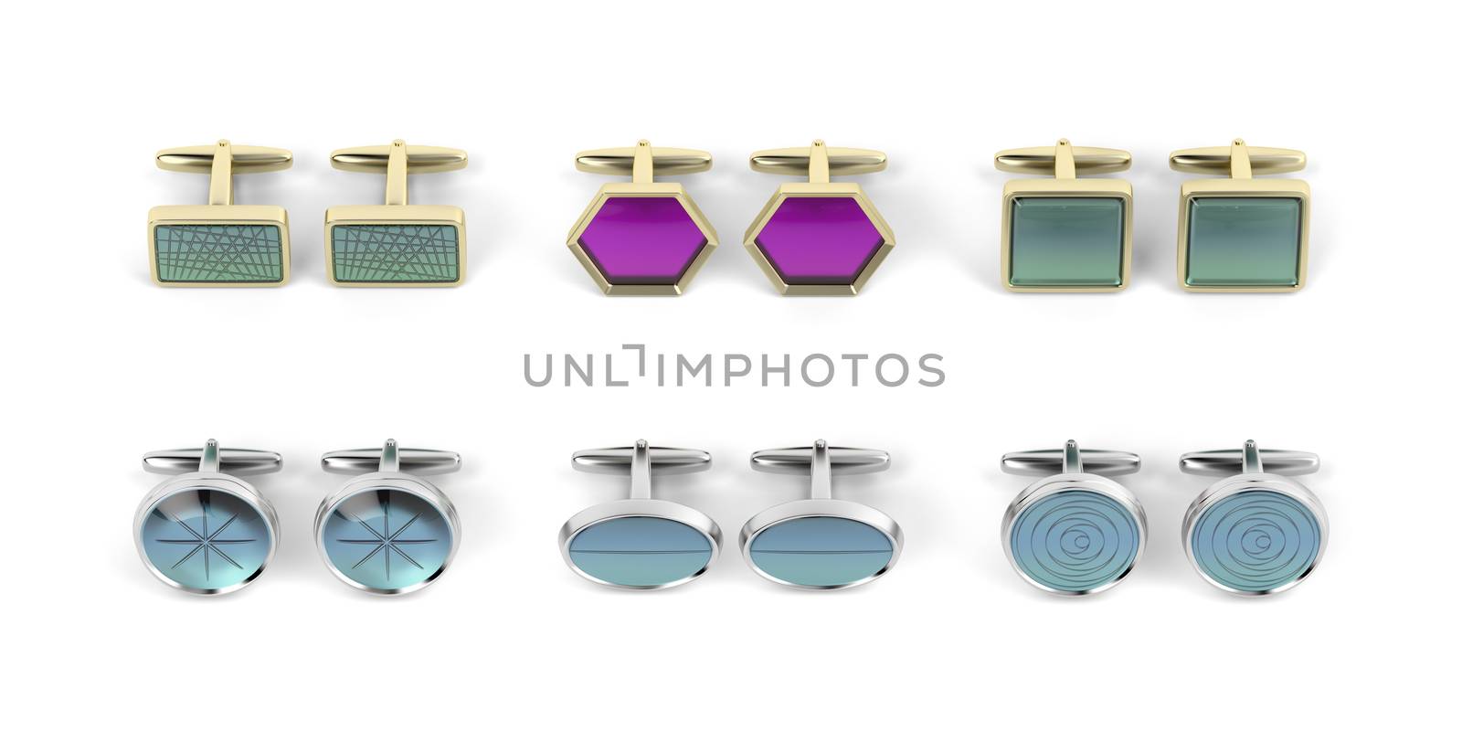 Group of different cufflinks on white background