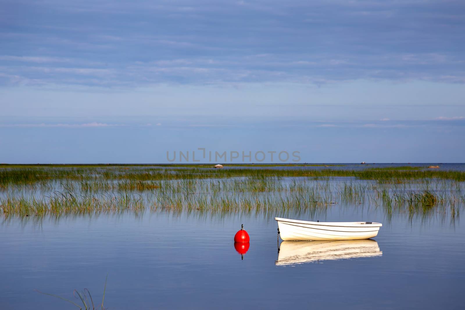 Small fishing boat at anchor, reflected in the calm and clear water of the lake, are covered with sedge in the early morning against the beautiful dawn sky