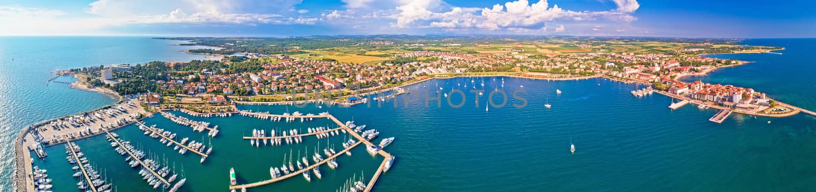 Adriatic coastline of Umag architecture aerial view, archipelago of Istria region, Croatia