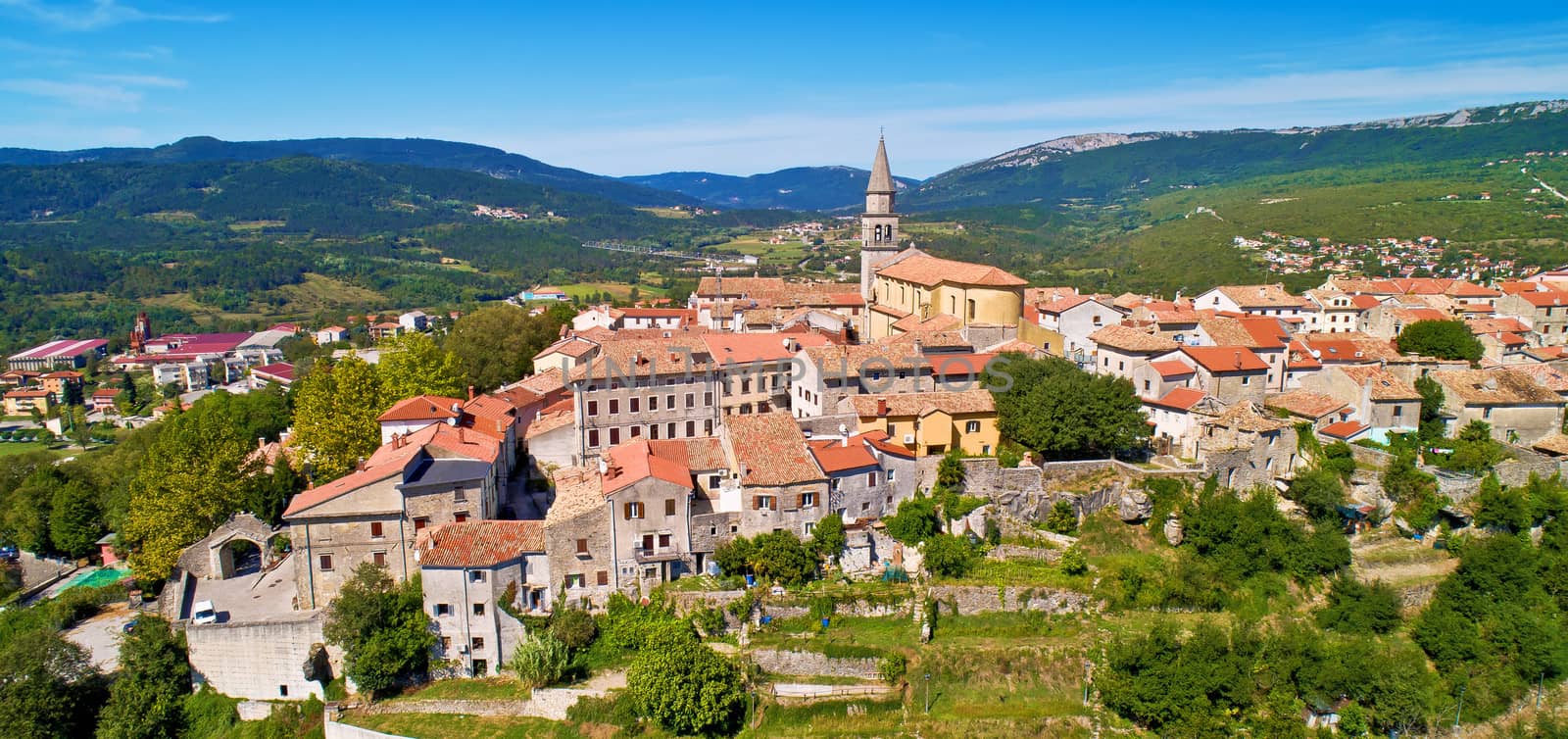 Buzet. Hill town of Buzet surrounded by stone walls in green landscape aerial panoramic view. Istria region of Croatia.