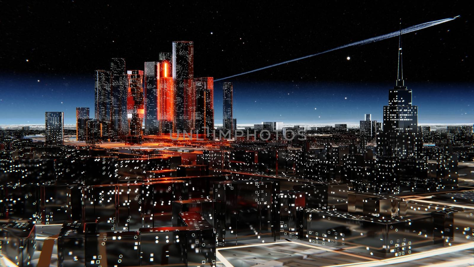 Futuristic glass city with luminous windows. Luminous roads and bright flashes between houses. Starry atmospheric sky with a flying airplane on the background. 3D illustration