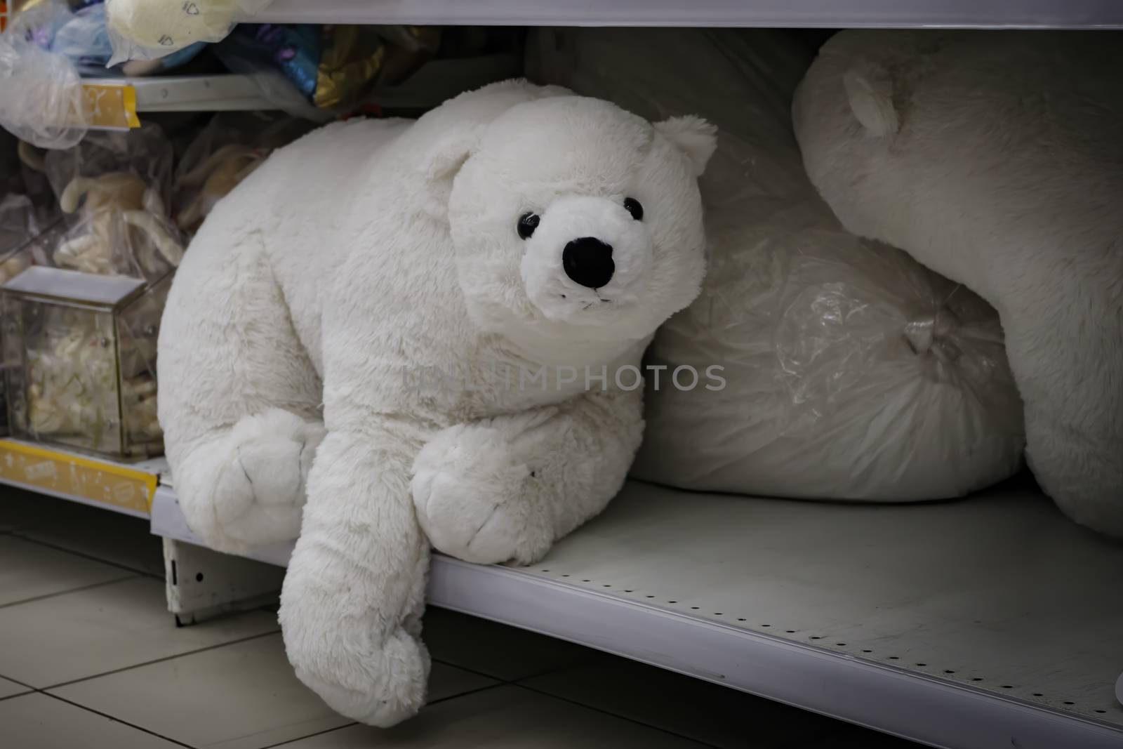 Big toy polar bear on the shelf in the children's toy store