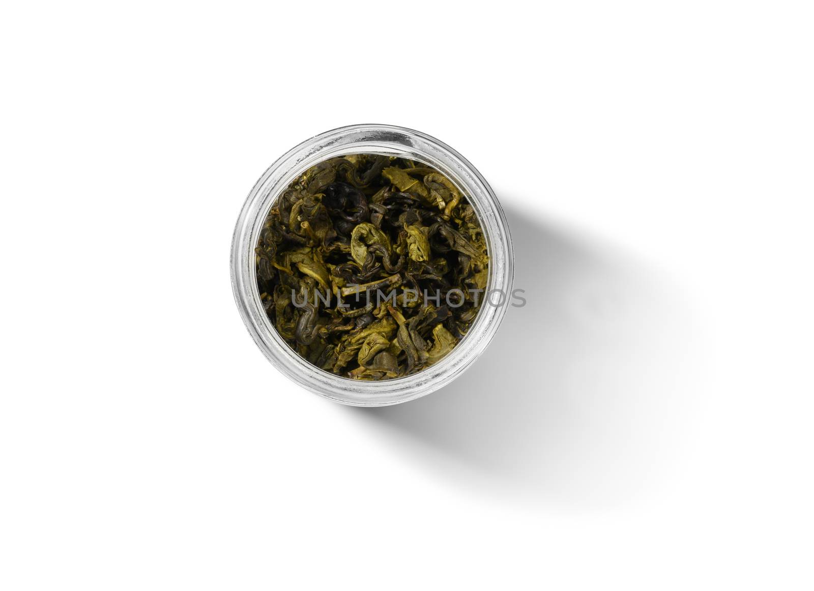 Green tea top view on white background.
