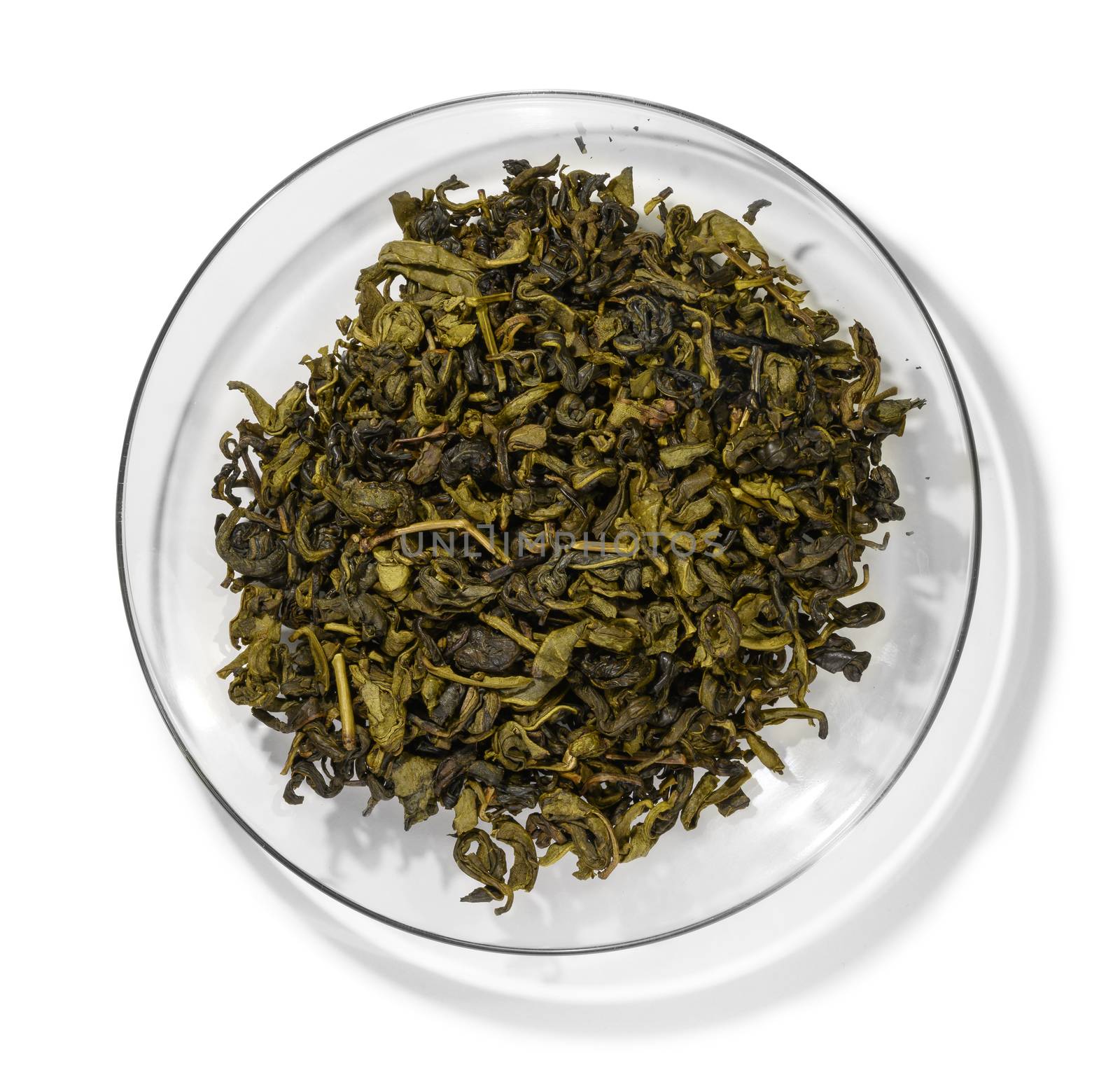 Green tea top view on white background.