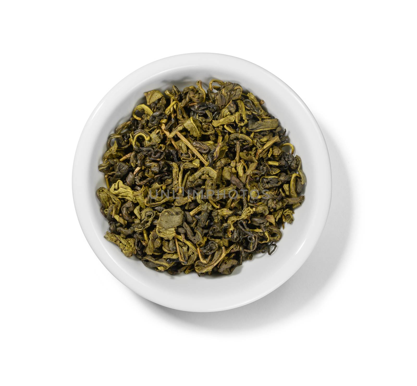 Green tea top view on white background.