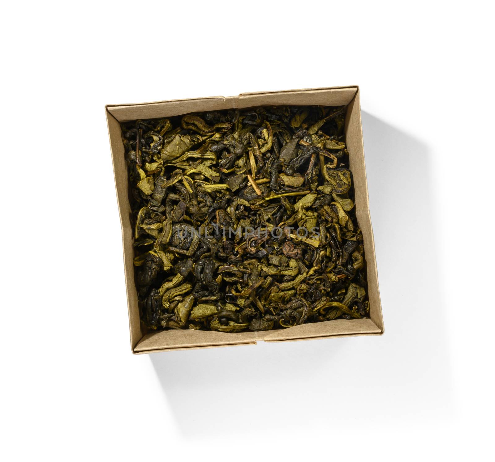 Green tea top view on white background.