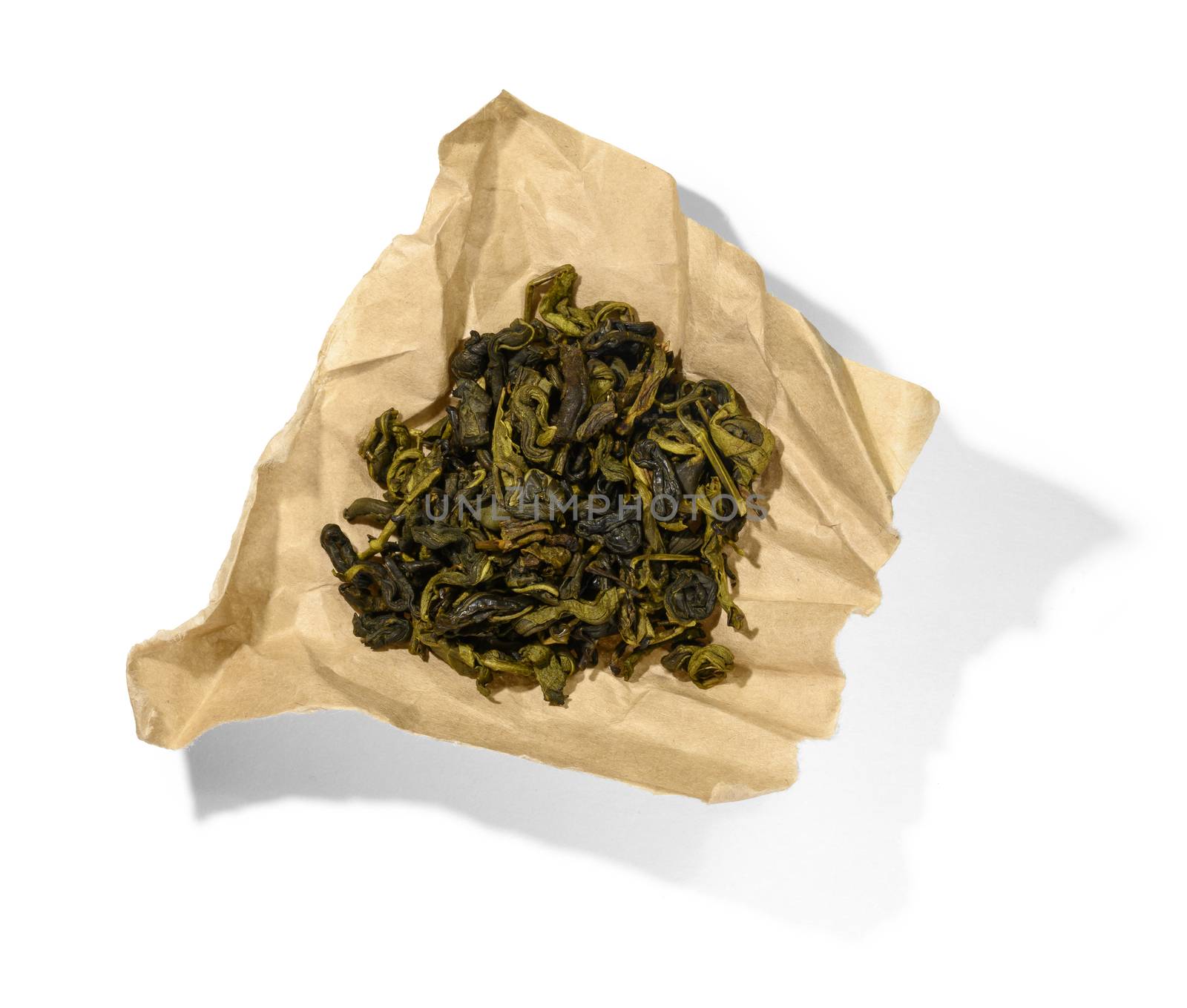 Green tea top view on white background.