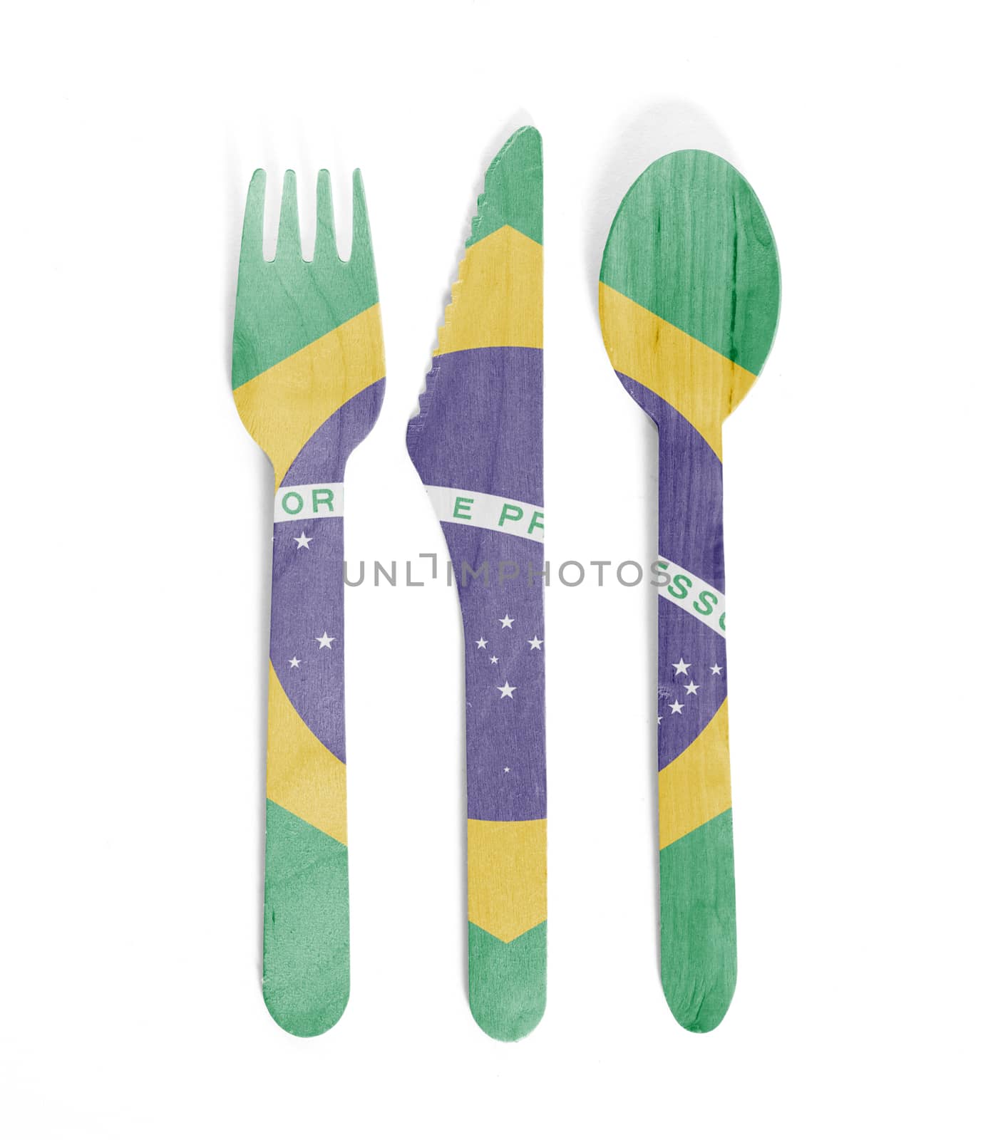 Eco friendly wooden cutlery - Plastic free concept - Isolated - Flag of Brazil