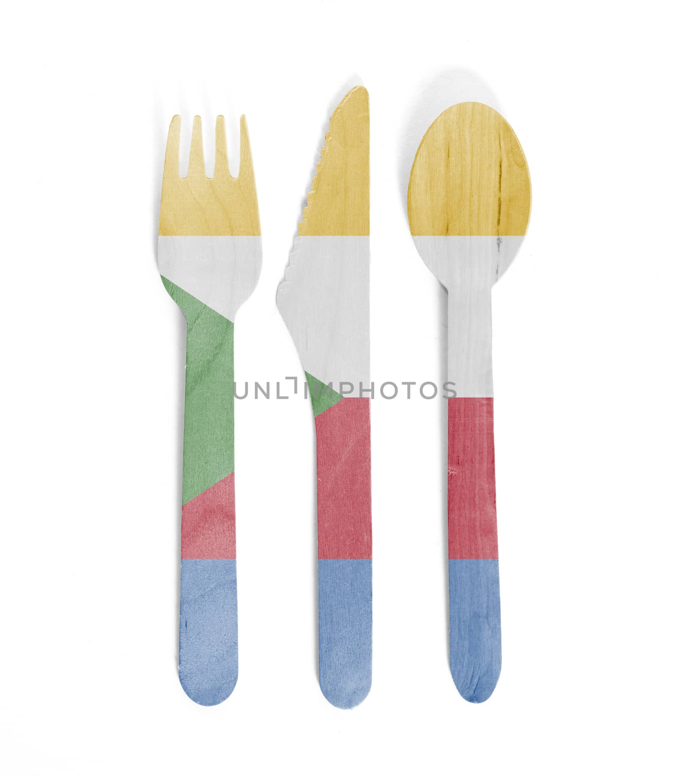 Eco friendly wooden cutlery - Plastic free concept - Isolated - Flag of Comoros