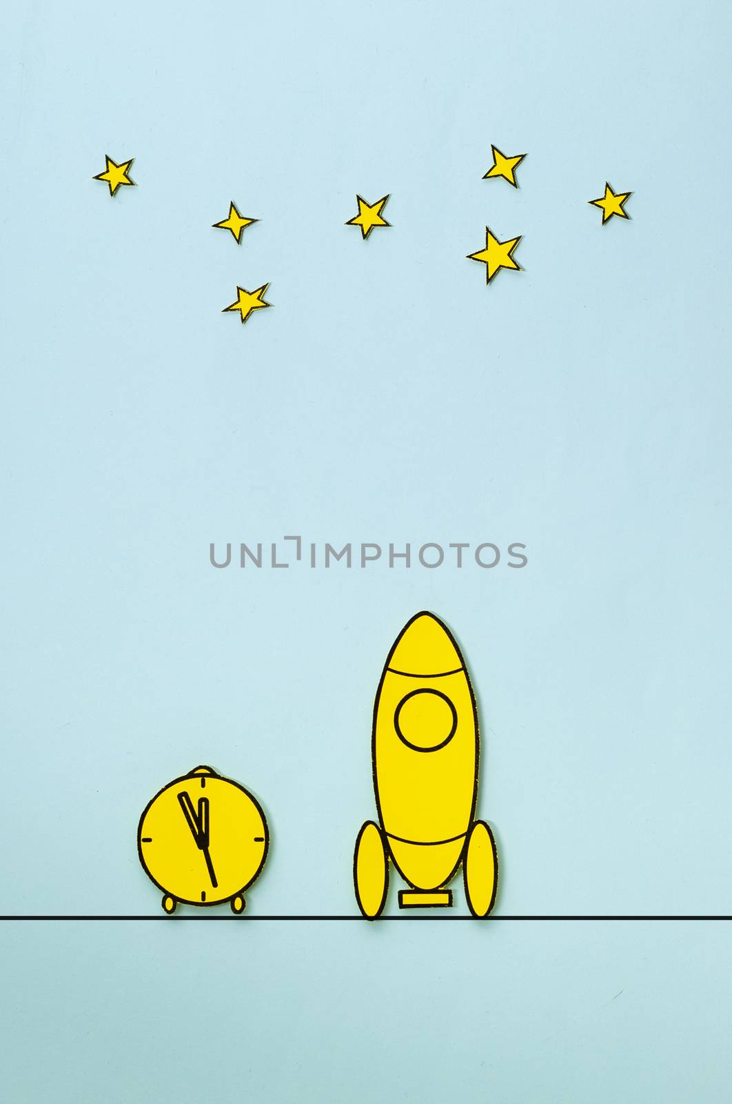 Countdown to the launch of a yellow rocket standing on a launch pad with an alarm clock pointing to the stars above, llustration