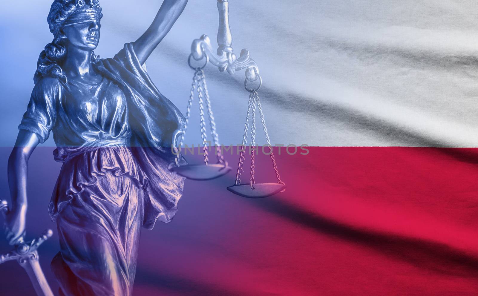 Flag of Poland with figure of Justice with scales and sword superimposed conceptual of law and order