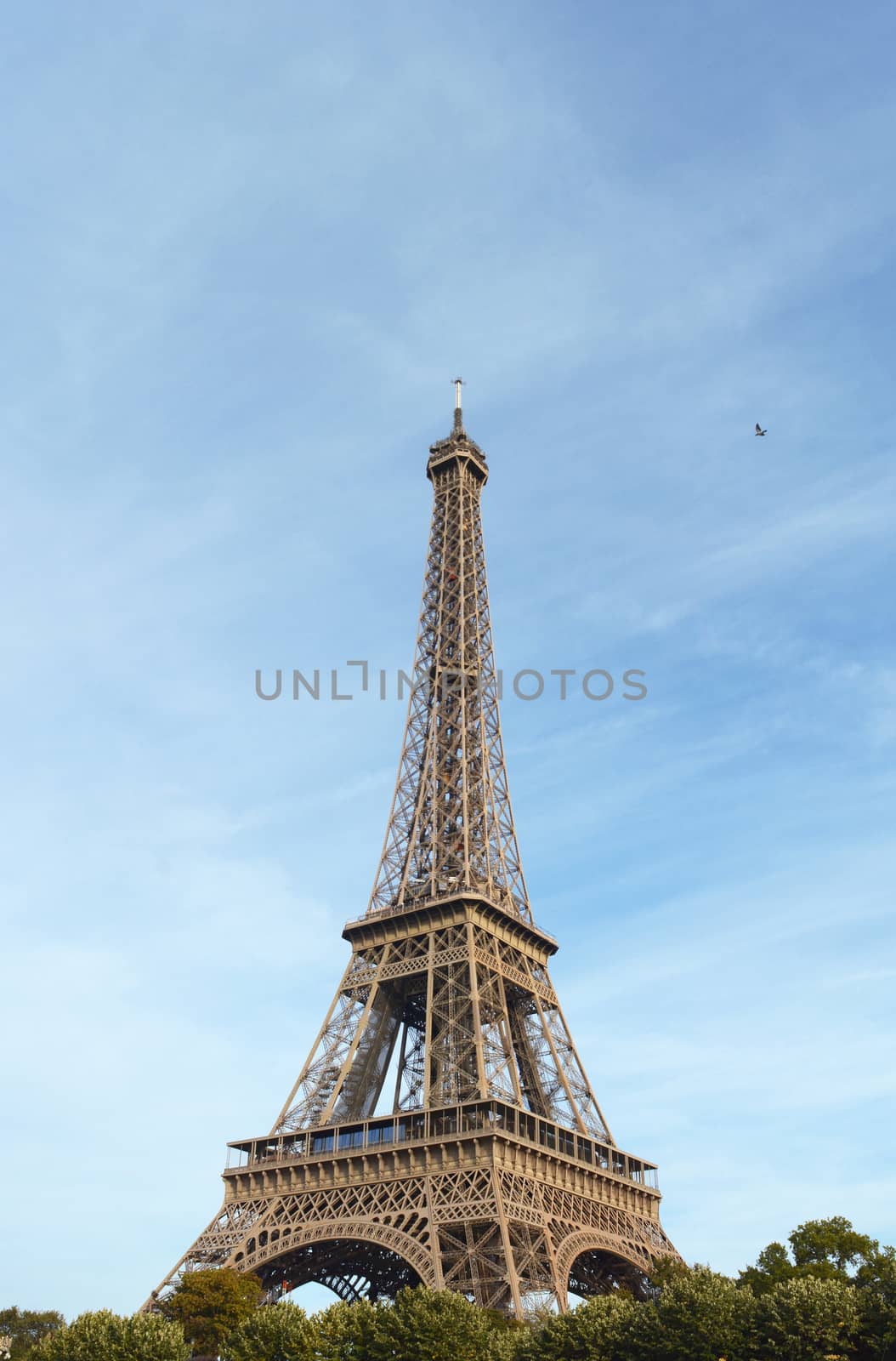Eiffel Tower landmark stands 324 metres high on the banks of the Seine in Paris, France
