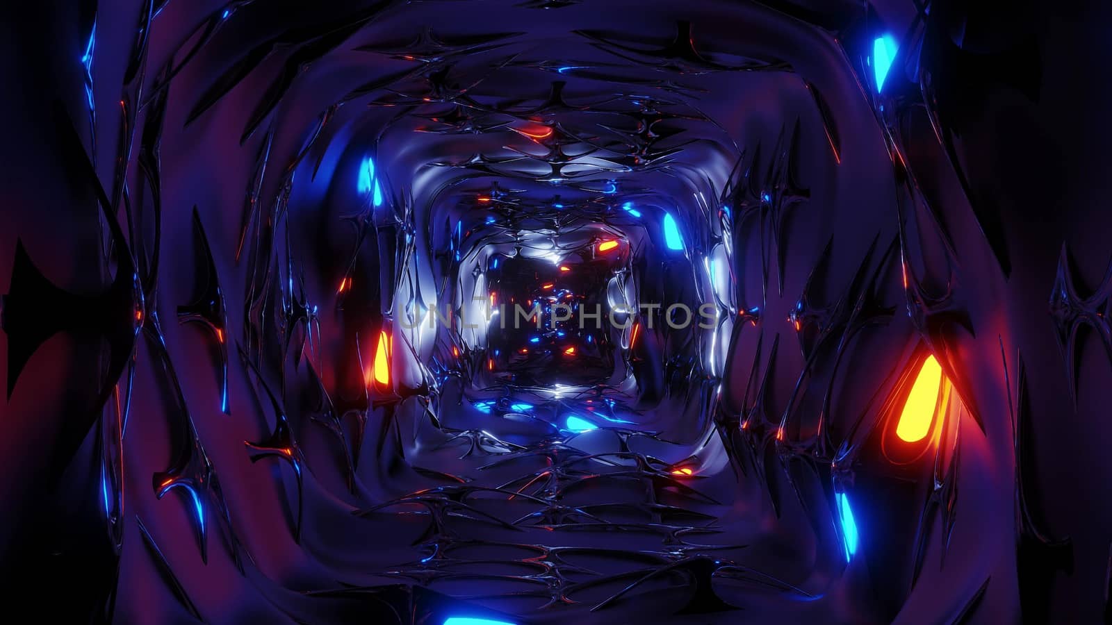 endless abstract fantasy elven tunnel corridor with glowing lights and reflective metal contur 3d illustration background wallpaper by tunnelmotions