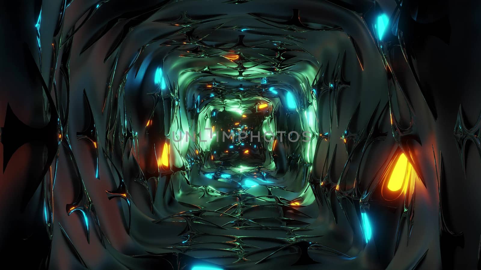 endless abstract fantasy elven tunnel corridor with glowing lights and reflective metal contur 3d illustration background wallpaper by tunnelmotions