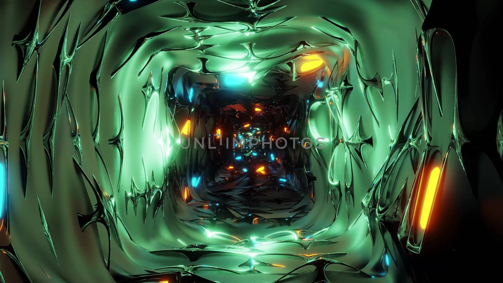 endless abstract fantasy elven tunnel corridor with glowing lights and reflective metal contur 3d illustration background wallpaper by tunnelmotions