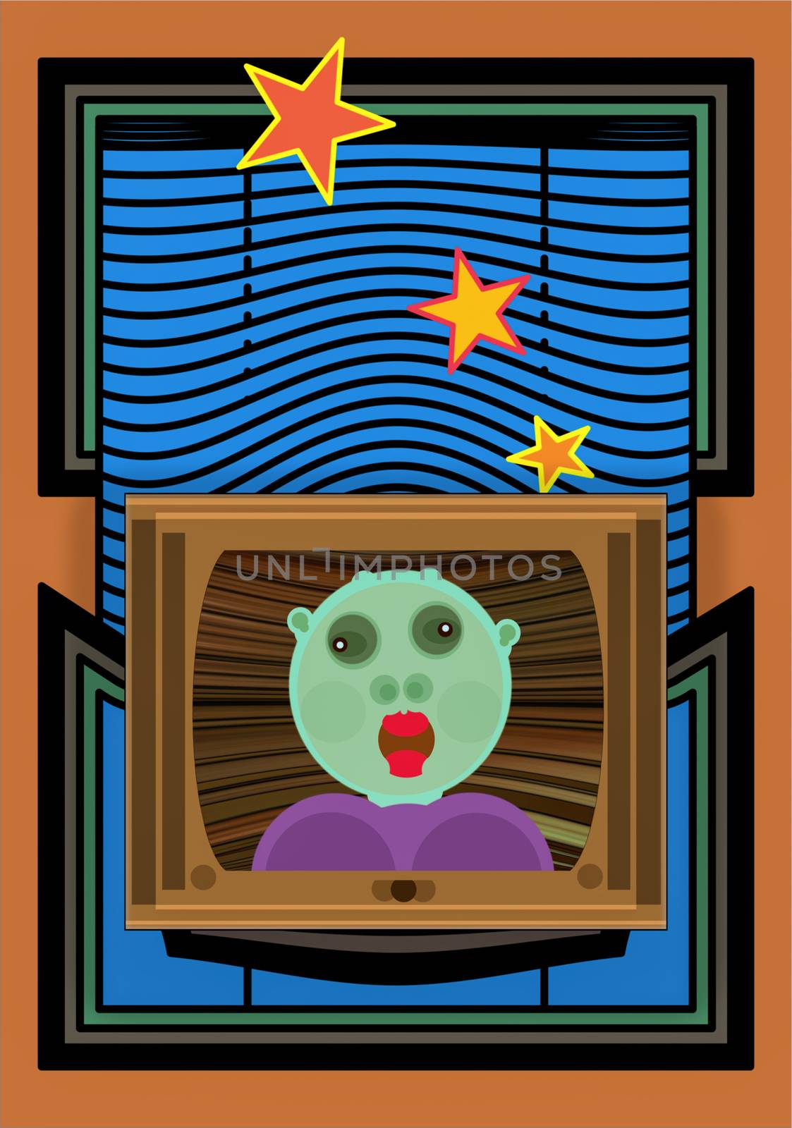 Fantastic television broadcasts, joke abstract illustration showing an alien girl broadcasting news from the screen