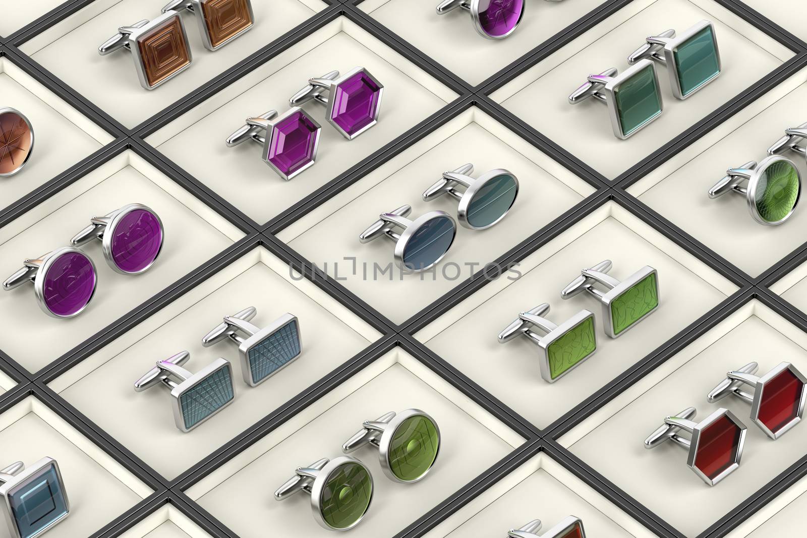 Rows with different designs of cufflinks 
