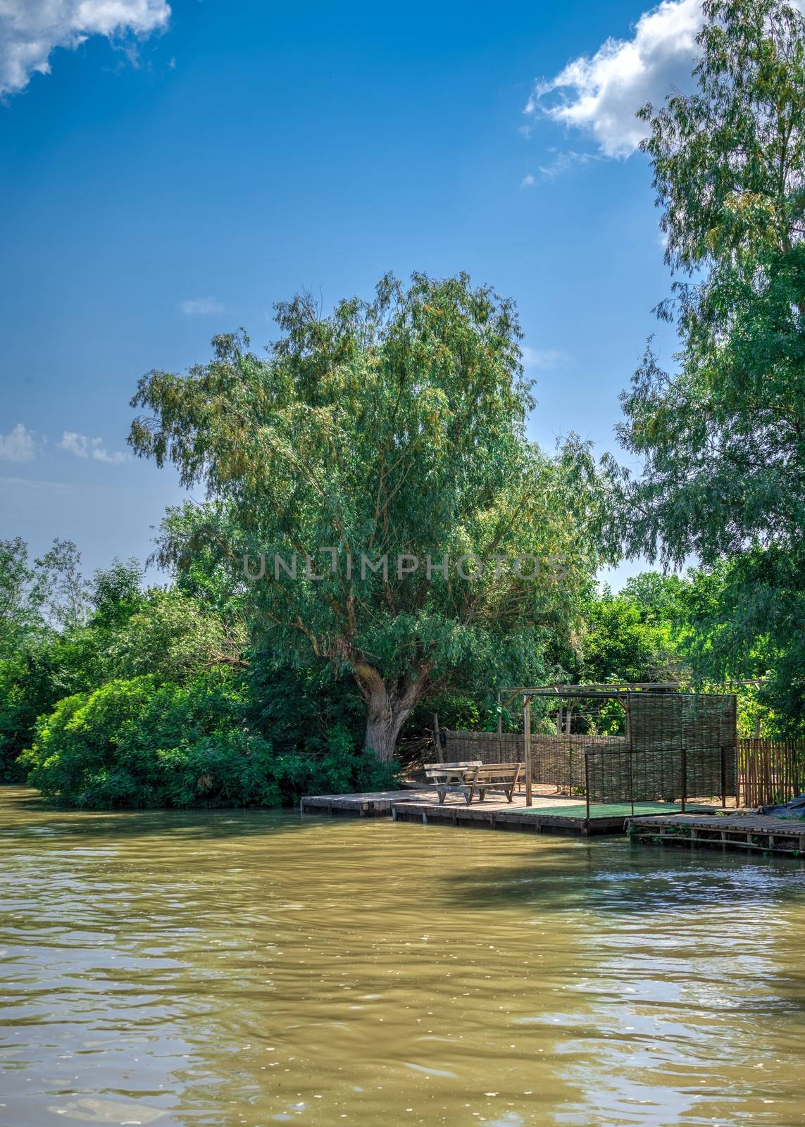 Danube River near the village of Vilkovo, Ukraine, on a sunny summer day