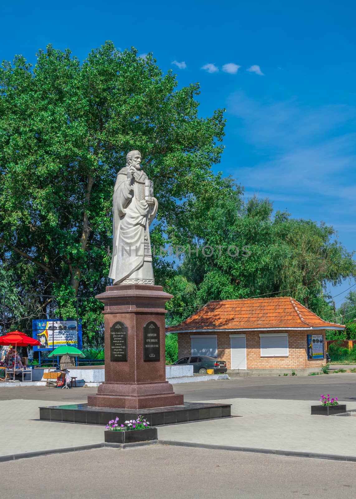 Vilkovo, Ukraine - 06.23.2019. Monument to St Nicholas the Wonderworker in the village of Vilkovo, Ukraine.