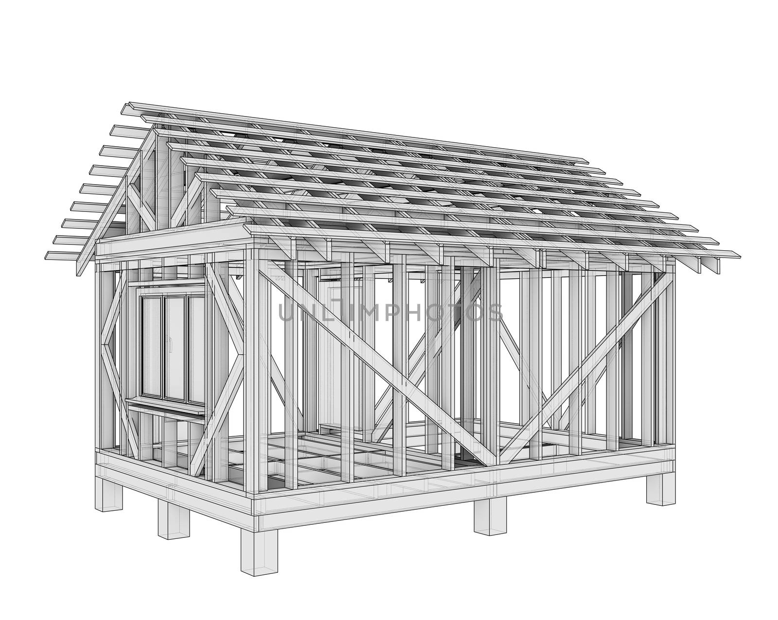 3D illustration of a small frame house. Isolated on a white background