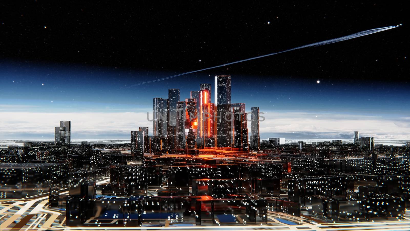 Futuristic city against the atmospheric starry sky by cherezoff