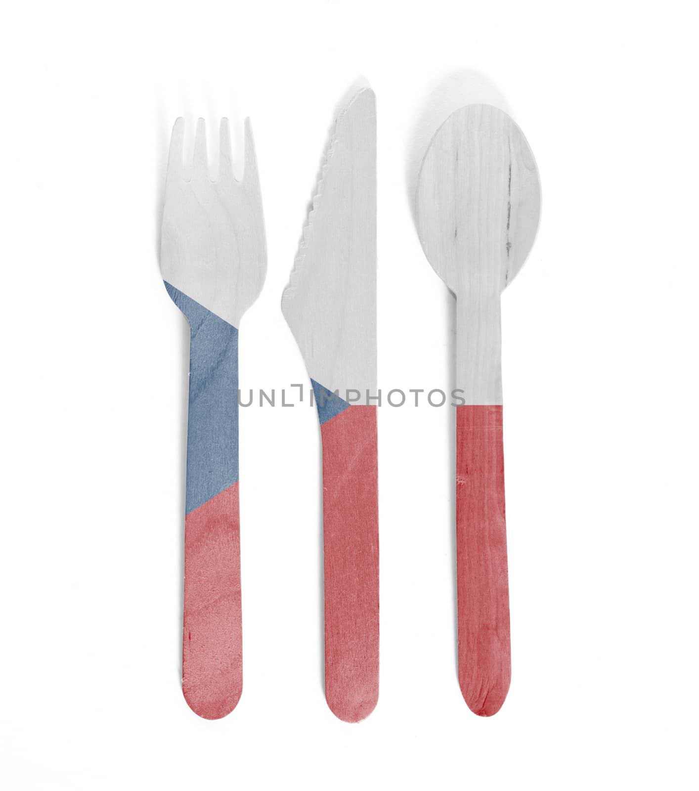 Eco friendly wooden cutlery - Plastic free concept - Isolated - Flag of Czech Republic