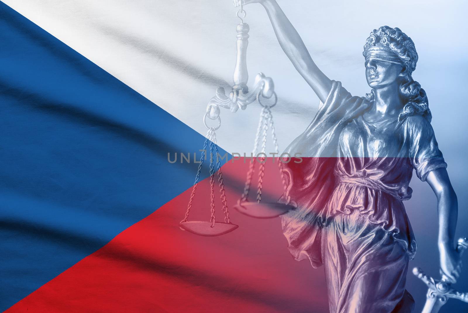 Composite of the Czech Republic national flag and statue of Justice holding the scales and sword of law