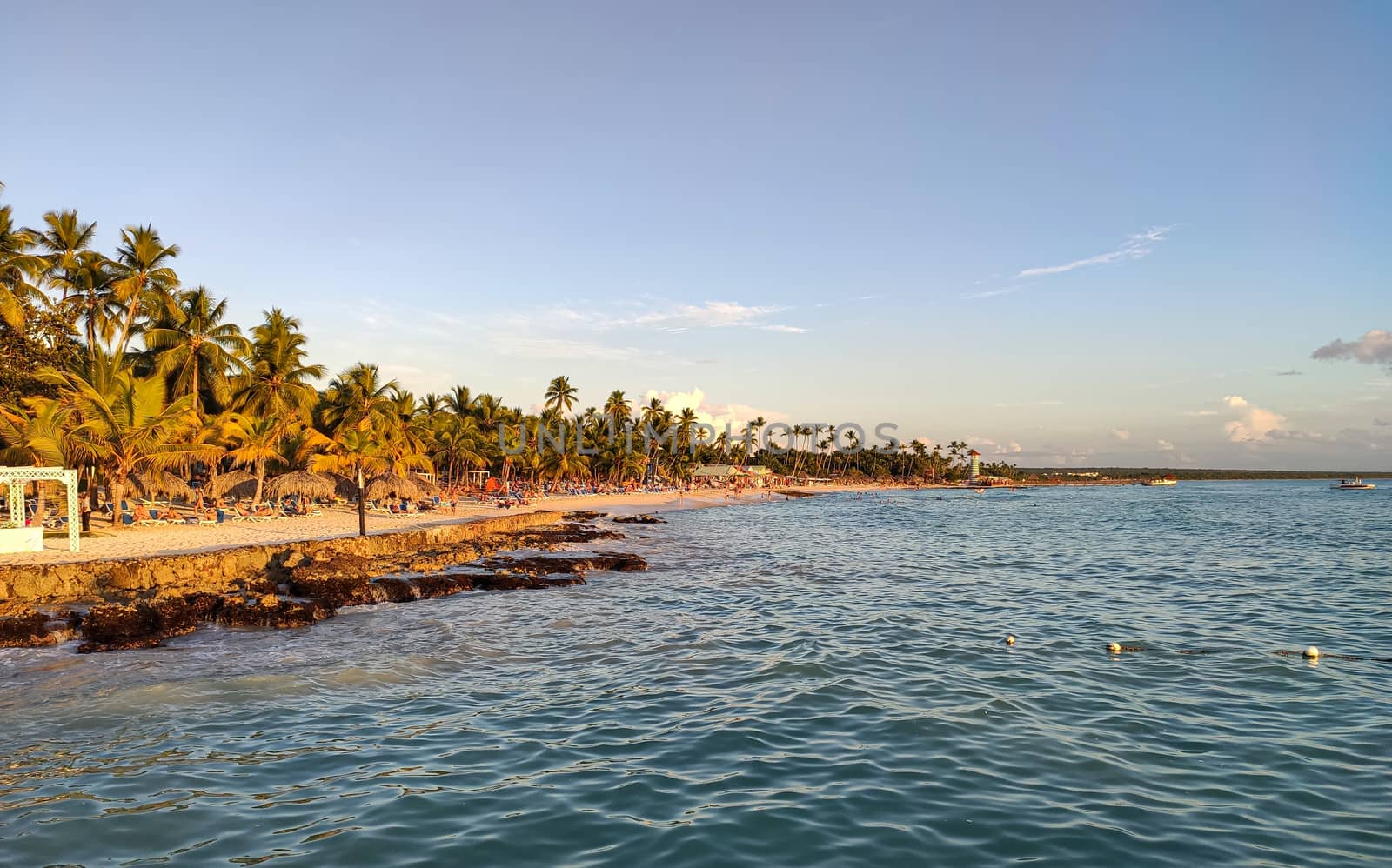 View of the seashore of Dominicus beach (Bayahibe) in the Dominican Republic at sunset