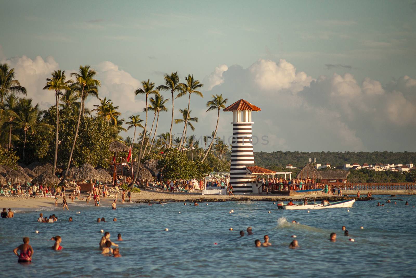 Lighthouse on the Dominicus beach in Bayahibe in the Dominican Republic at sunset